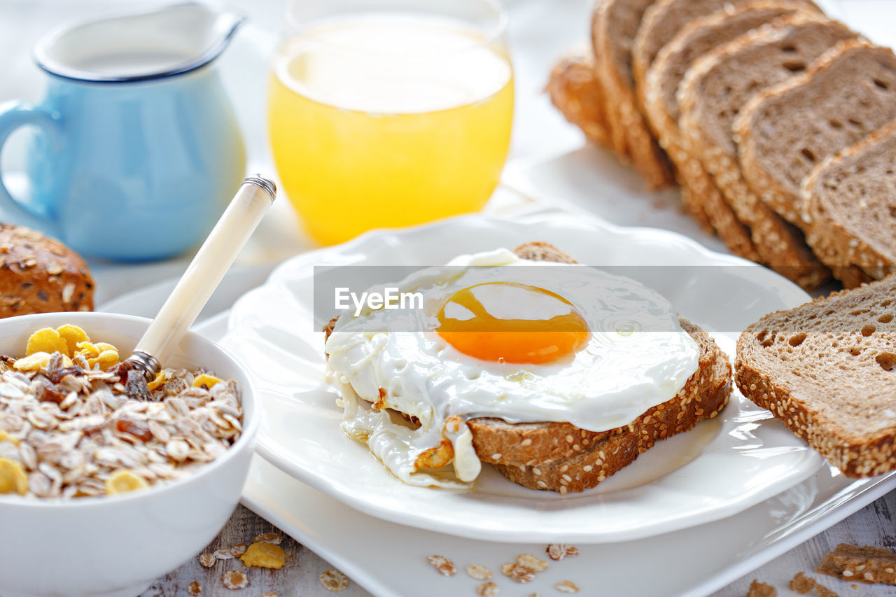 High angle view of breakfast on table