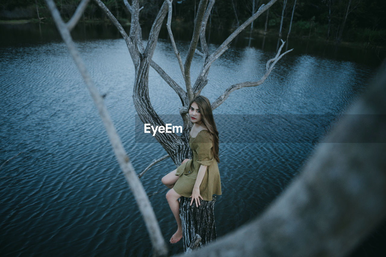 Portrait of young woman sitting over lake on bare tree