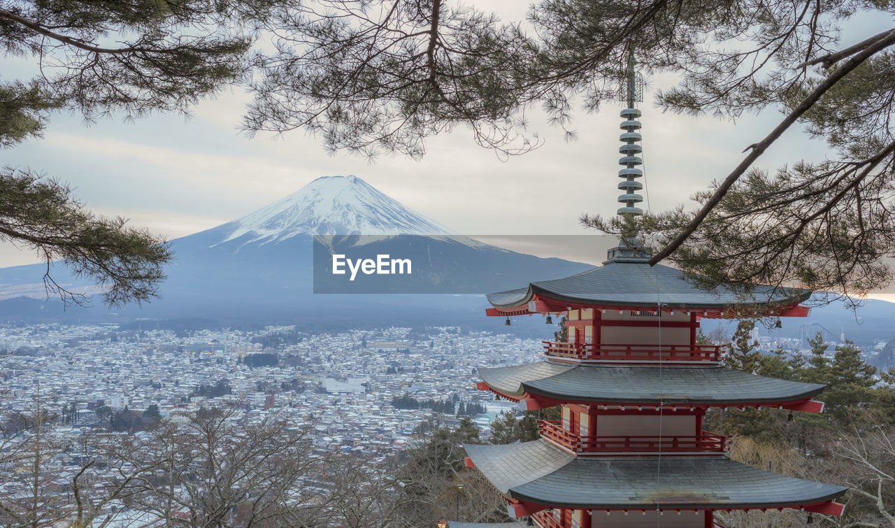 Chureito pagoda with mt fuji in background