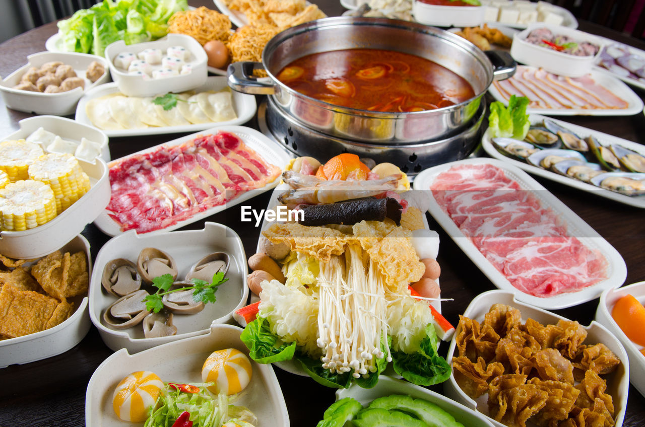 High angle view of food on table