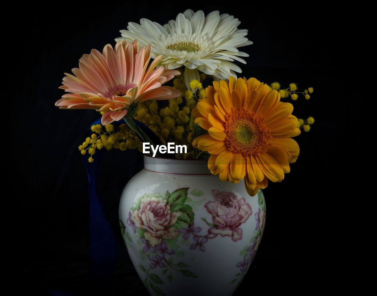 flowering plant, flower, plant, freshness, yellow, flower head, beauty in nature, nature, vase, black background, fragility, indoors, inflorescence, flower arrangement, studio shot, close-up, no people, petal, floristry, multi colored, bouquet, arrangement, still life, bunch of flowers, daisy, decoration