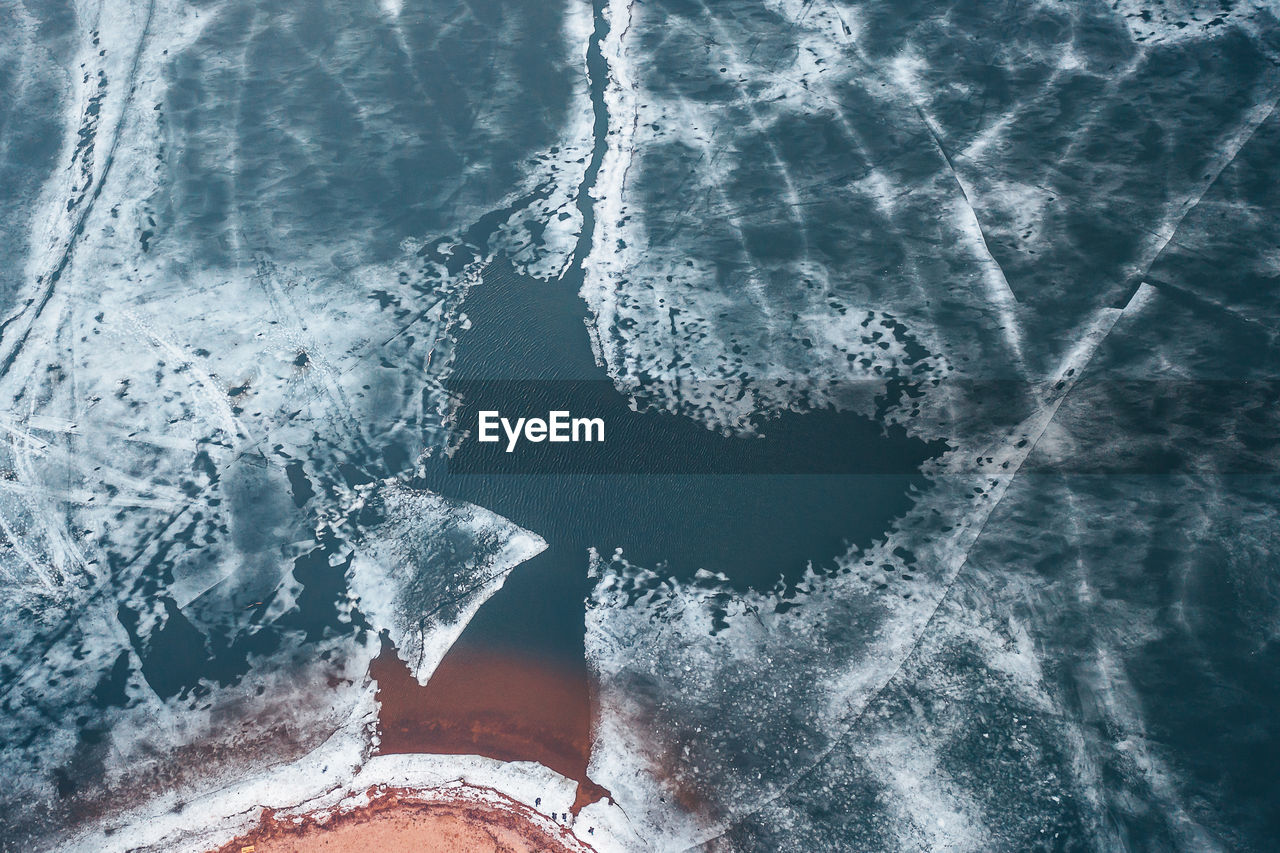 HIGH ANGLE VIEW OF FROZEN SEA