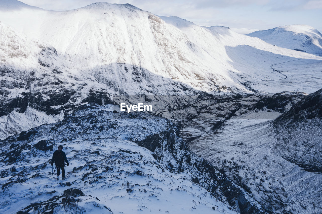 Scenic view of snow covered mountains against sky