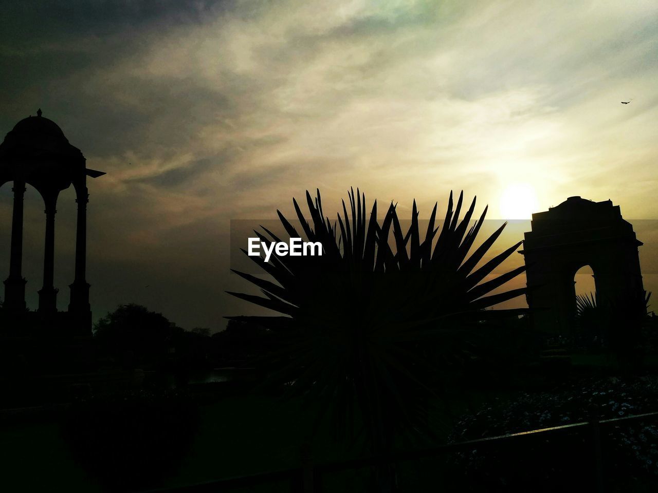 SILHOUETTE PALM TREES AGAINST SKY AT SUNSET