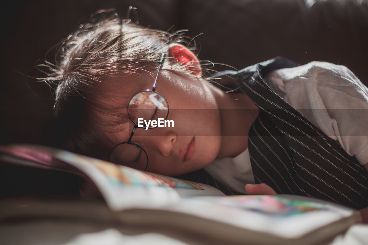CLOSE-UP PORTRAIT OF BOY LYING ON BED