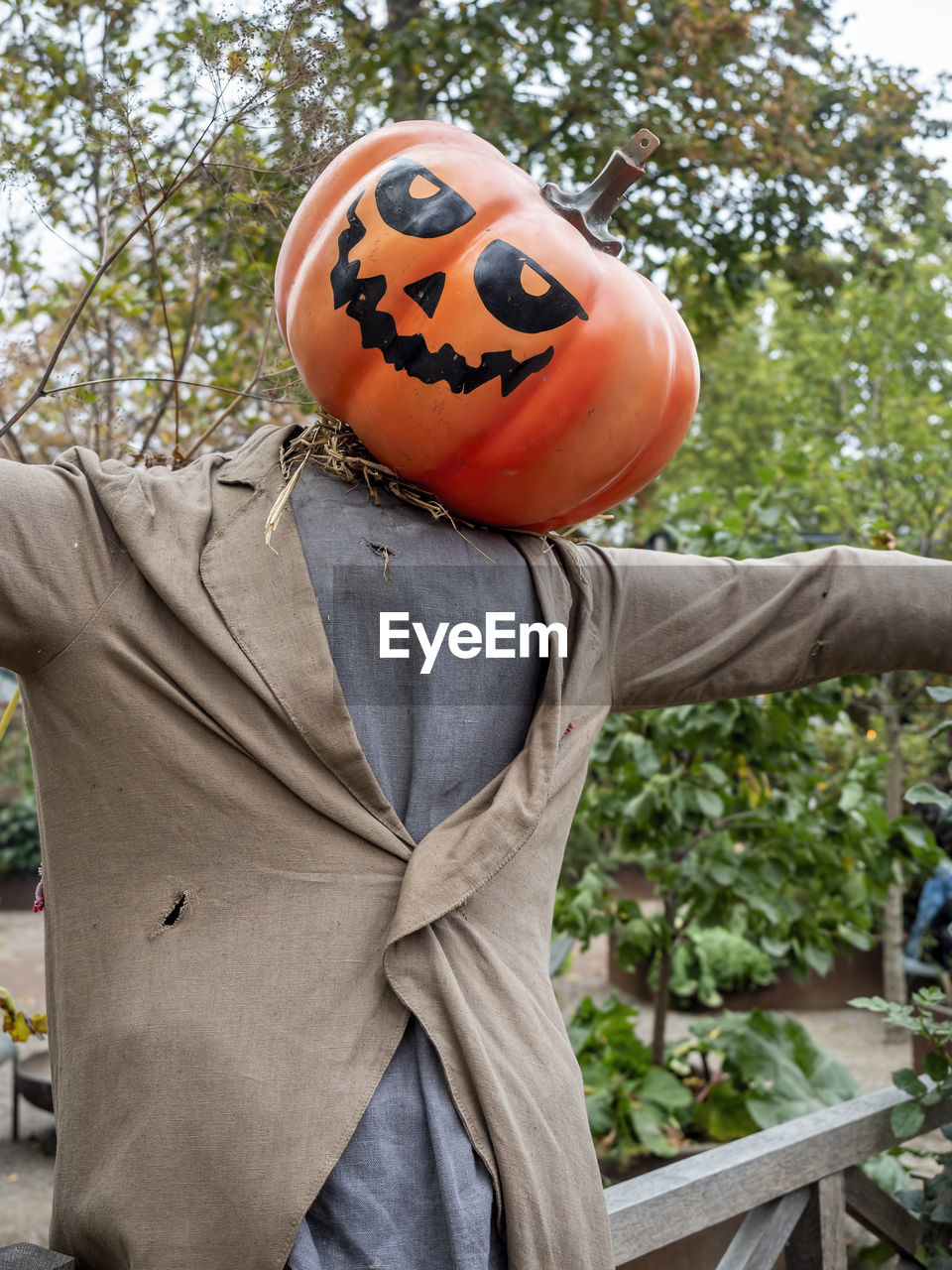 Scarecrow in ragged clothing with a classic pumpkin head, on a stake in front of tree leaves.