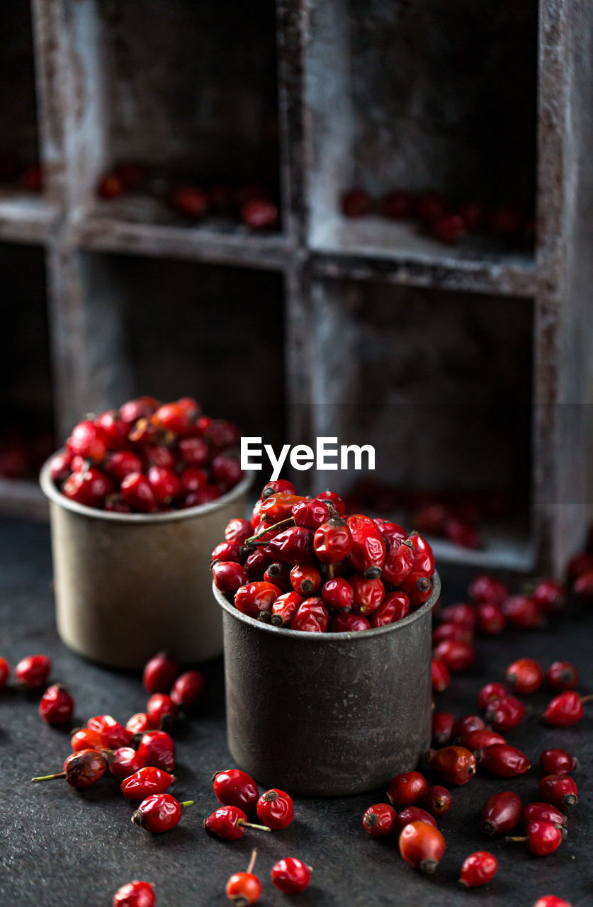 Dried rosehip fruits on the table