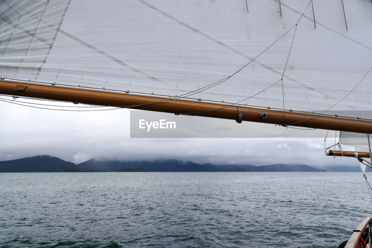 LOW ANGLE VIEW OF SAILING SHIP IN SEA AGAINST SKY