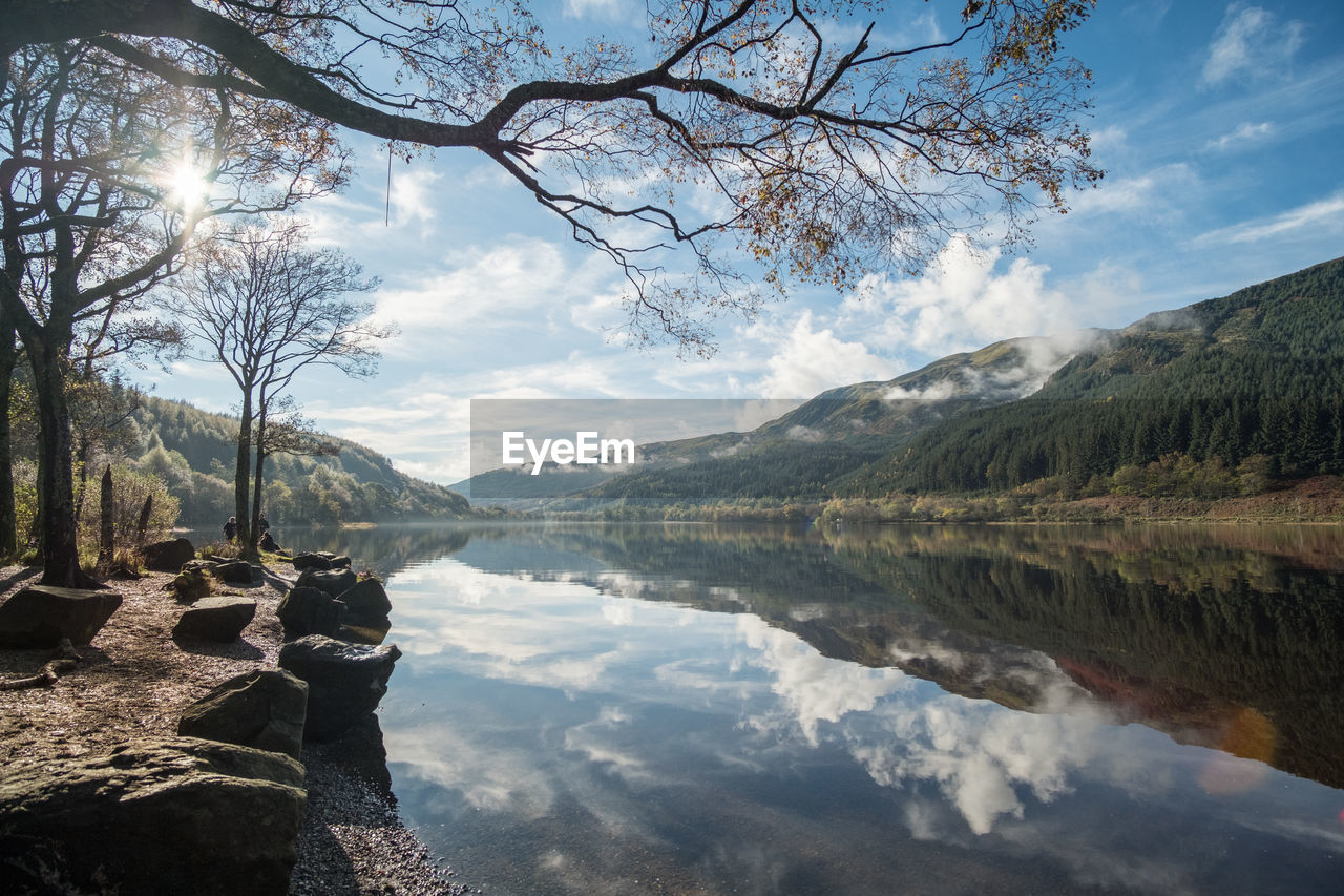 Scenic view of lake and mountains against sky