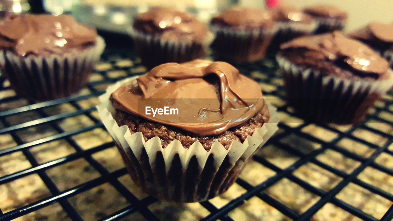 Close-up of chocolate cupcakes on metal