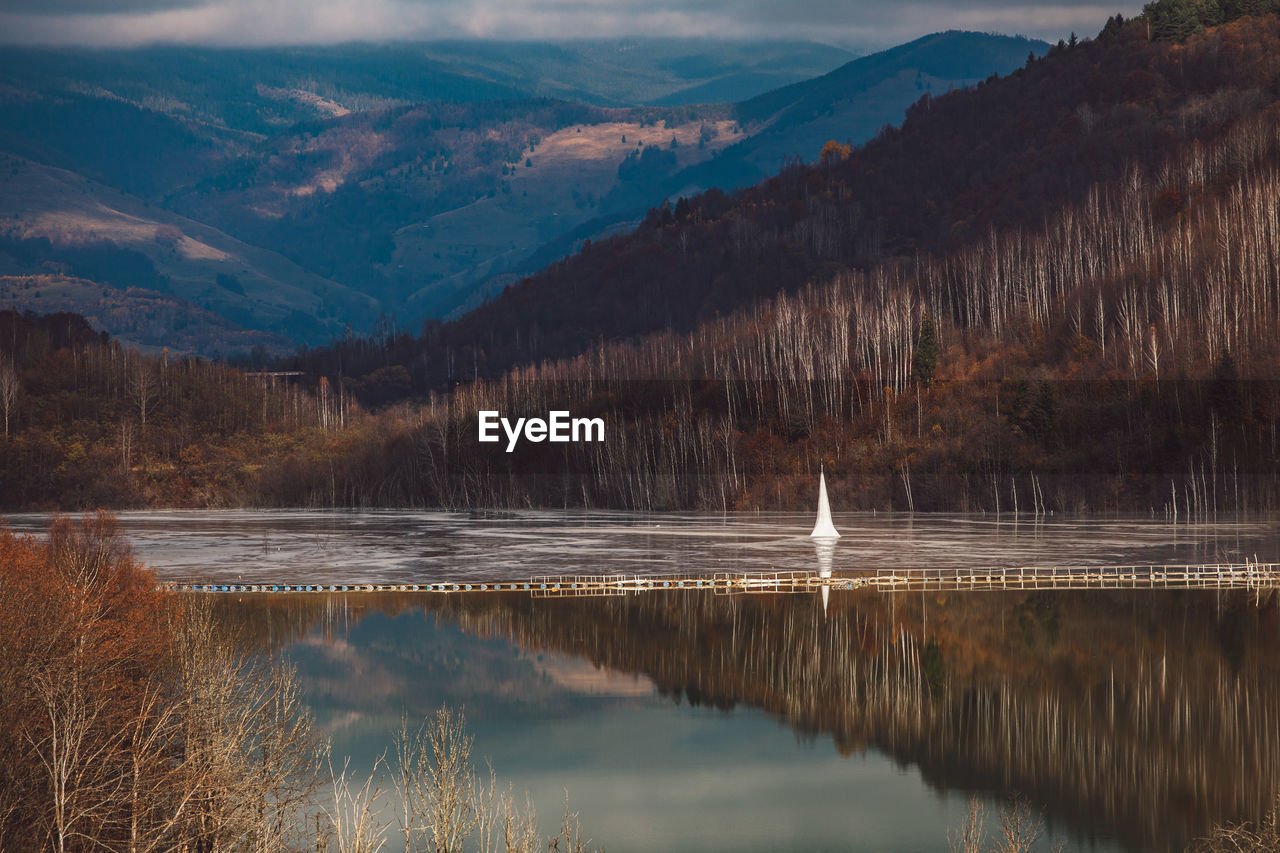 Scenic view of lake and mountains against sky