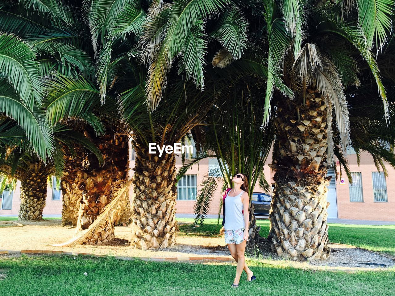 Full length woman walking on grassy field against palm trees