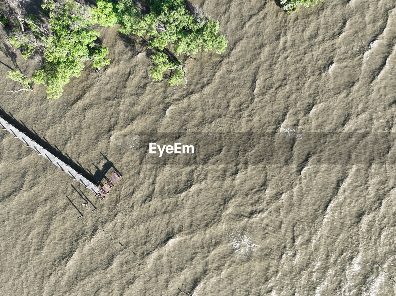 Aerial view green mangrove trees, wooden bridge, and seawater. net zero emissions. natural carbon