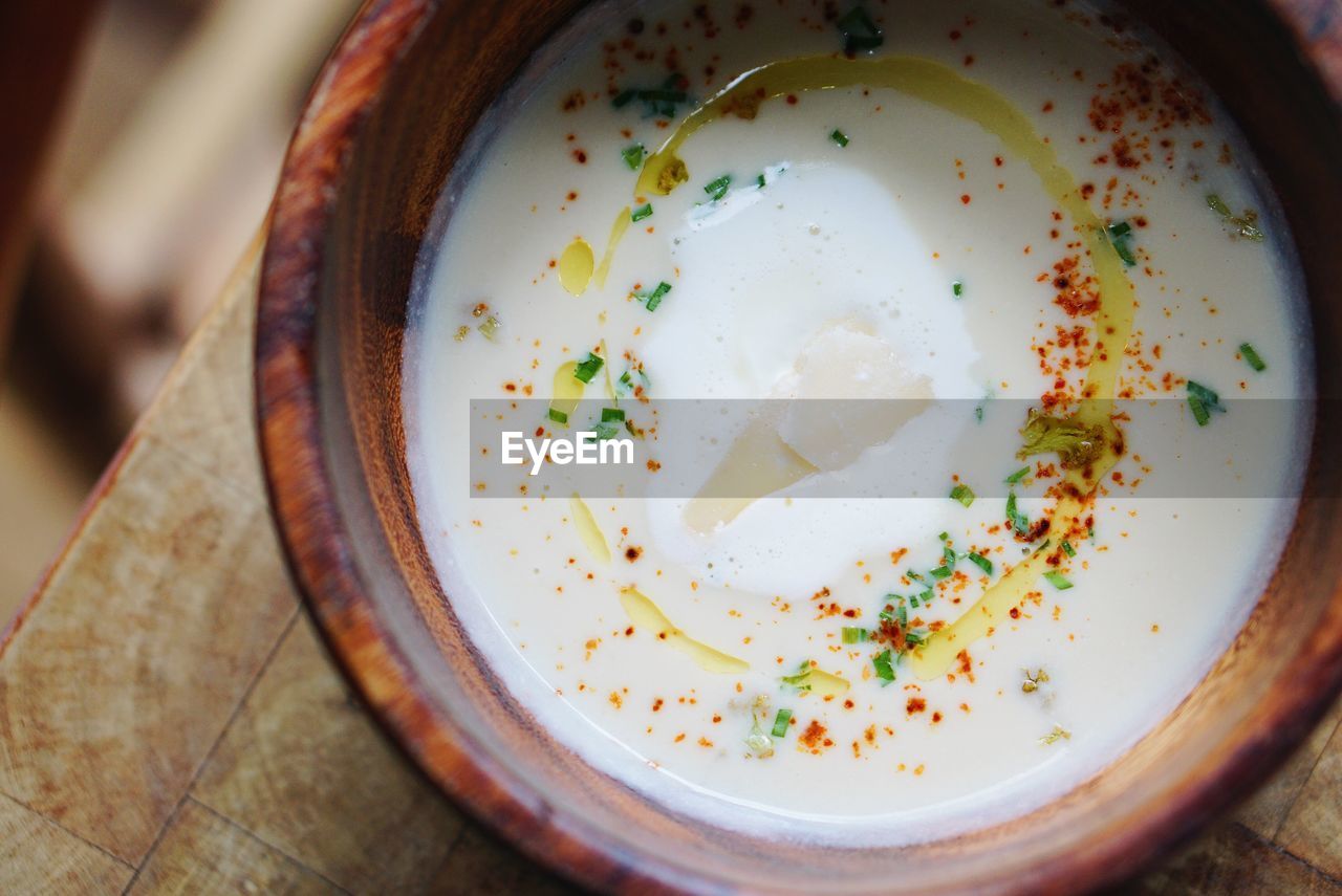 High angle view of soup in bowl