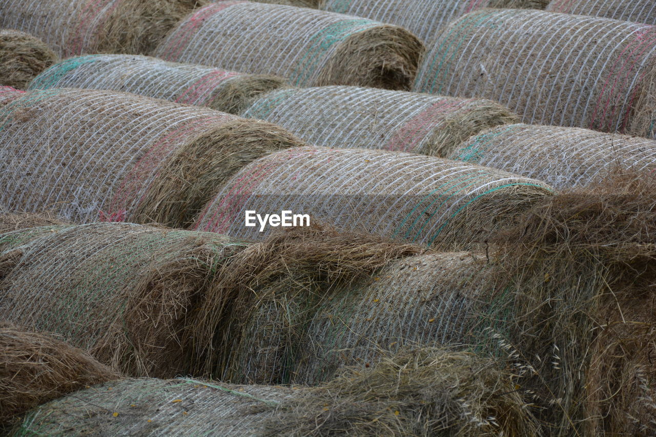 Full frame shot of hay bales at farm