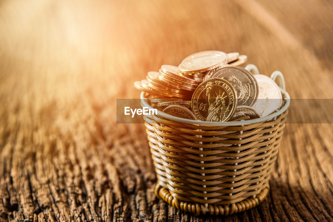 Close-up of coins in basket