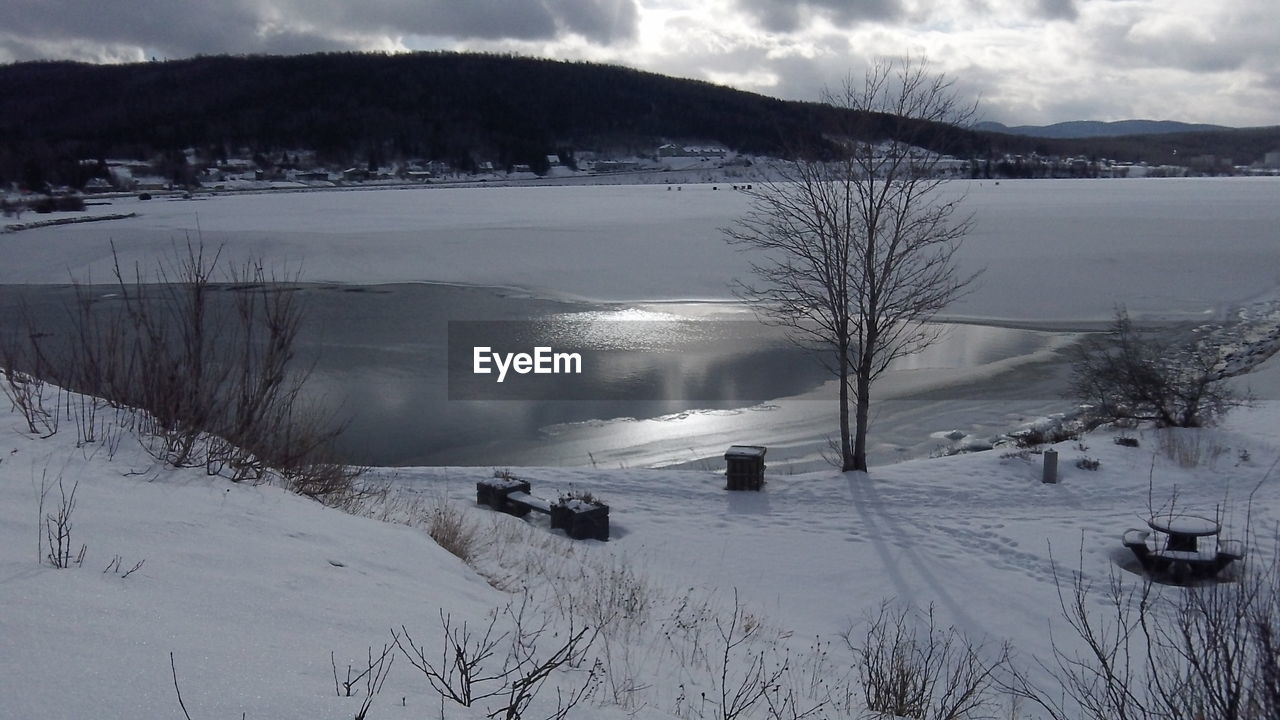 SCENIC VIEW OF SNOWCAPPED MOUNTAINS AND LAKE