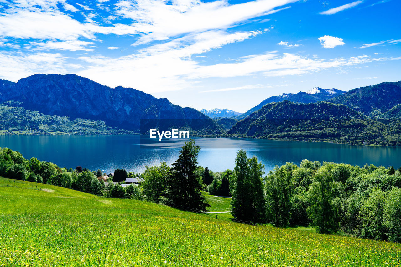 Scenic view of lake and mountains against sky