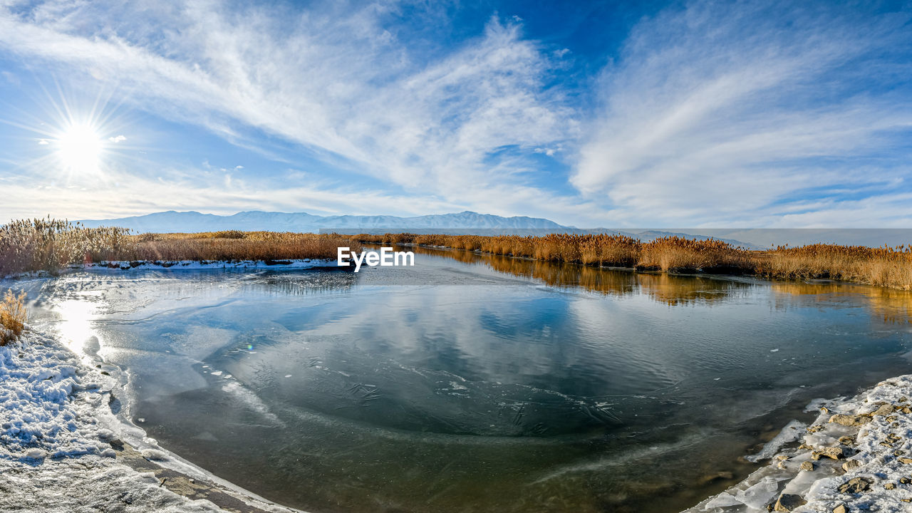 PANORAMIC VIEW OF LAKE AGAINST BLUE SKY