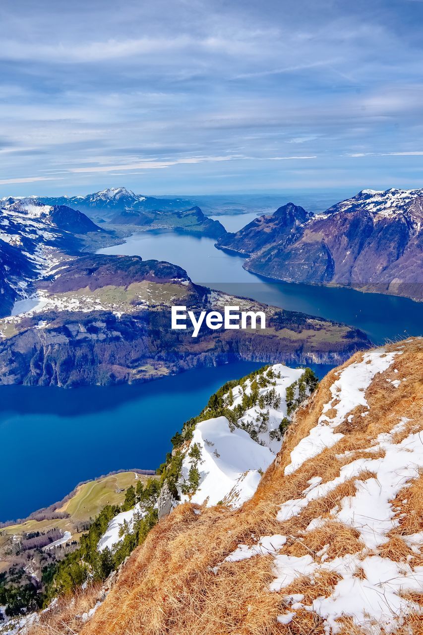 Scenic view of snowcapped mountains and lake against sky