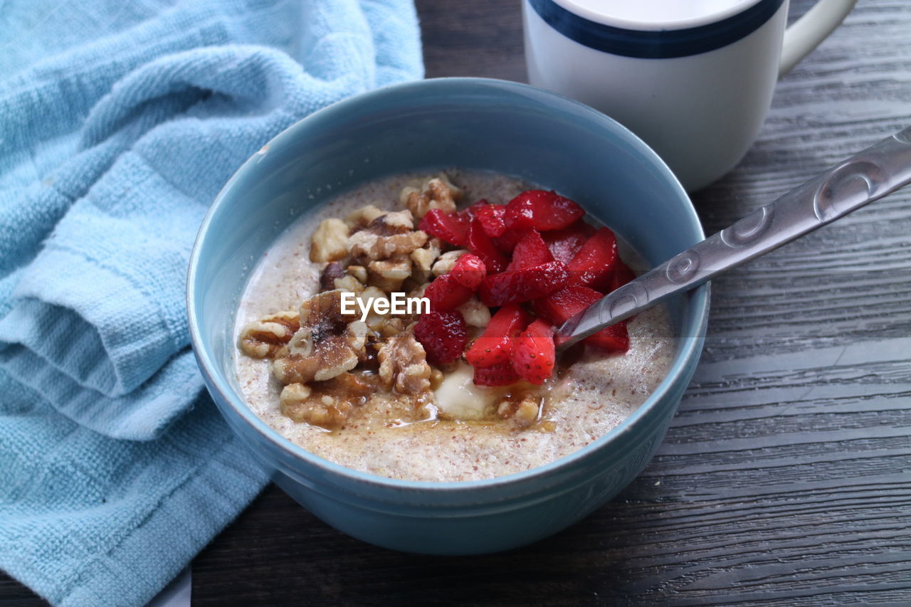 High angle view of breakfast in bowl on table