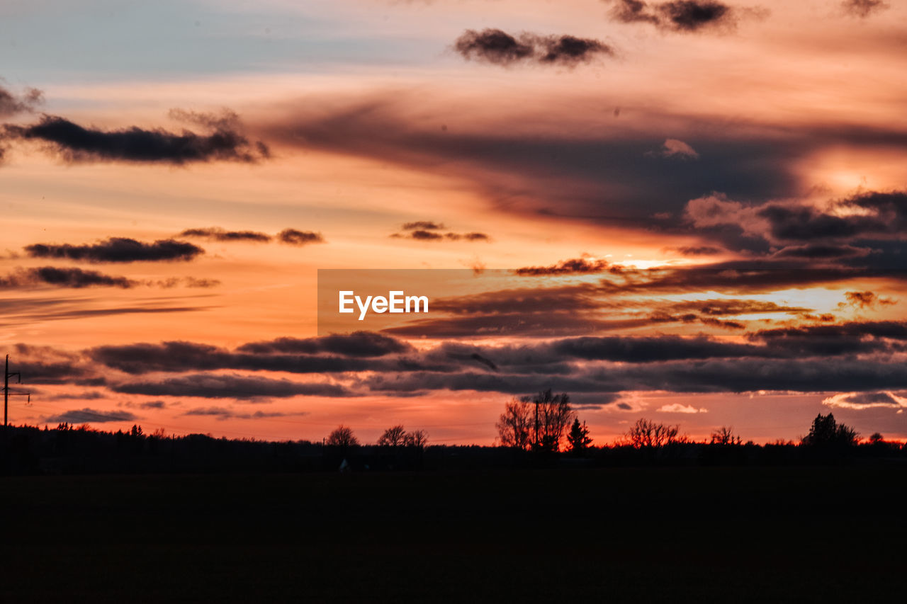 Silhouette trees on field against dramatic sky during sunset