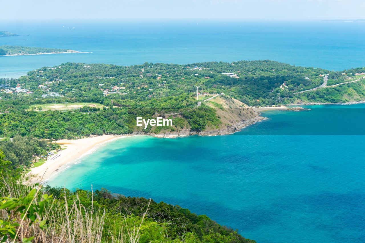 High angle view of bay against clear sky