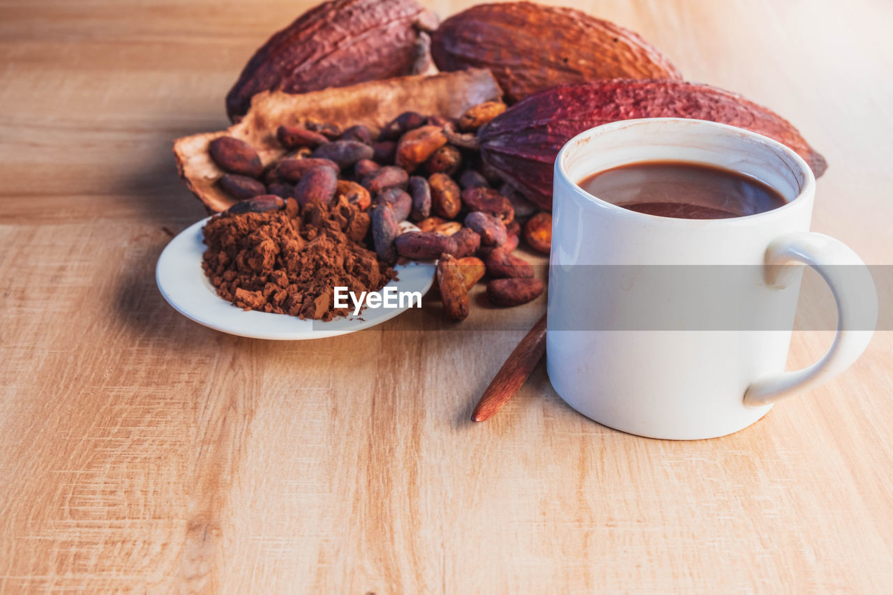 food and drink, food, drink, breakfast, cup, mug, refreshment, freshness, meal, coffee, crockery, healthy eating, produce, hot drink, table, wood, indoors, wellbeing, coffee cup, no people, snack, tea, studio shot, dish, saucer, still life, high angle view, morning, fruit, copy space