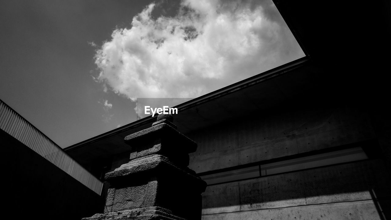 LOW ANGLE VIEW OF BUILDING AGAINST SKY SEEN THROUGH WINDOW