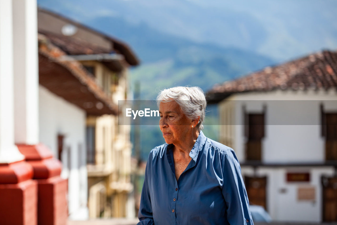 Senior woman tourist at the heritage town of salamina in the department of caldas in colombia