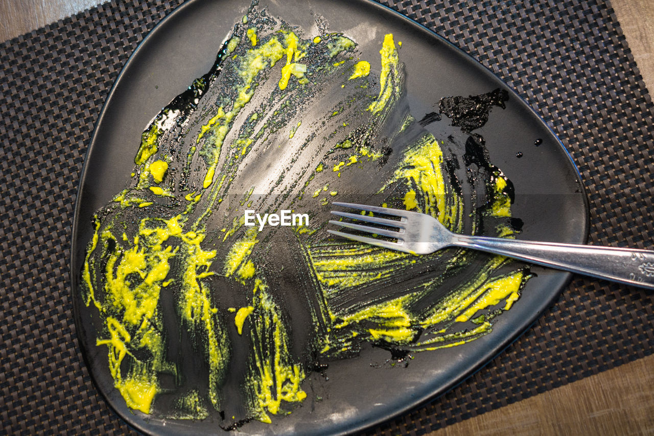 High angle view of plate with leftovers on table