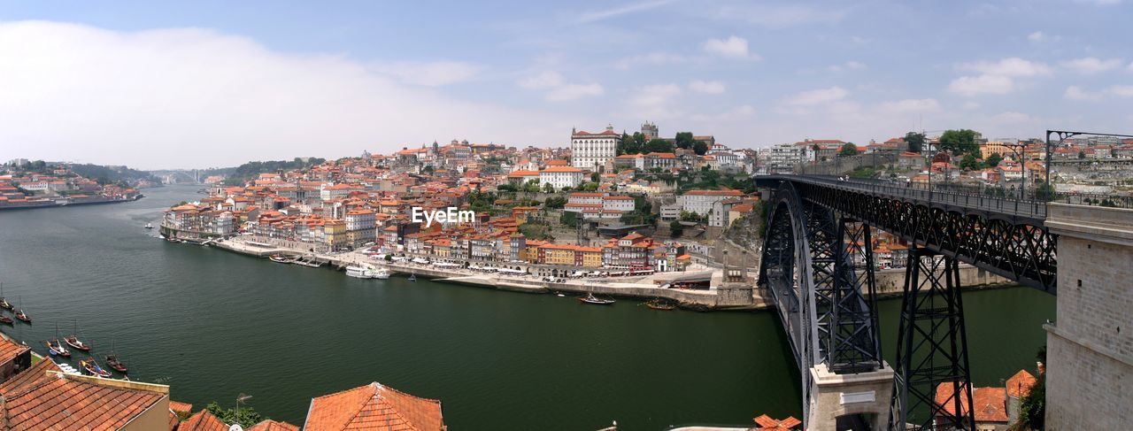 High angle view of bridge over river amidst buildings in city