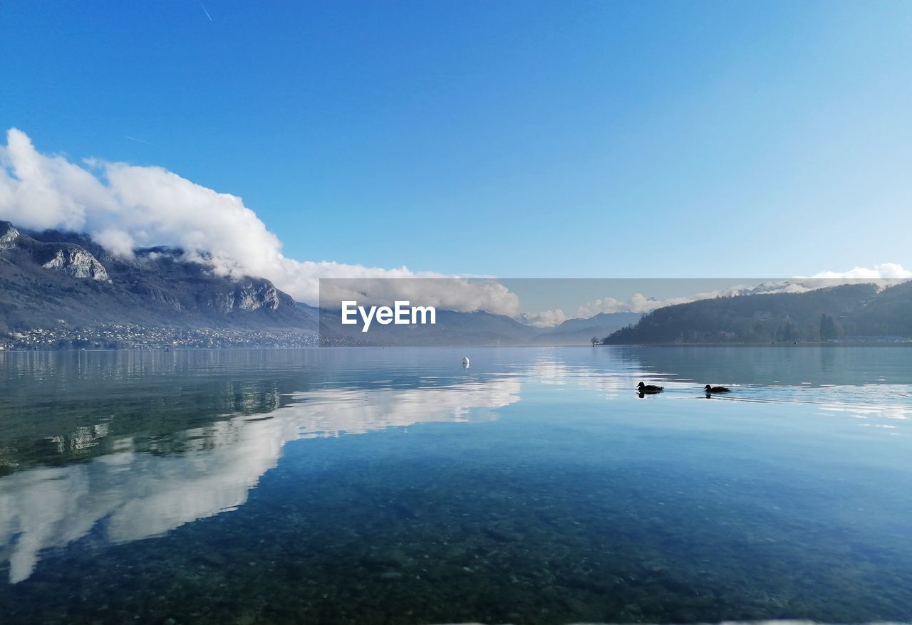 Scenic view of lake against blue sky