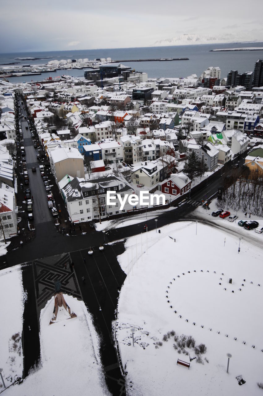 Aerial view of cityscape during winter