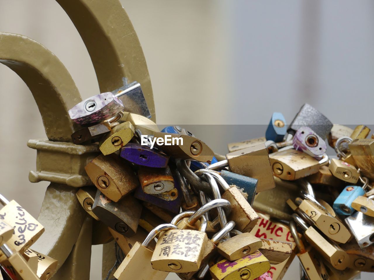 Close-up of padlocks on railing