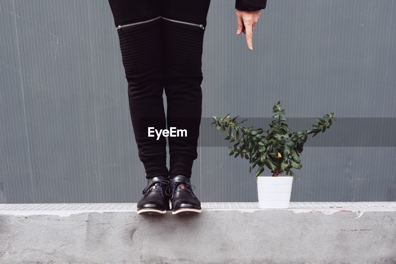 Low section of man standing by potted plant against wall