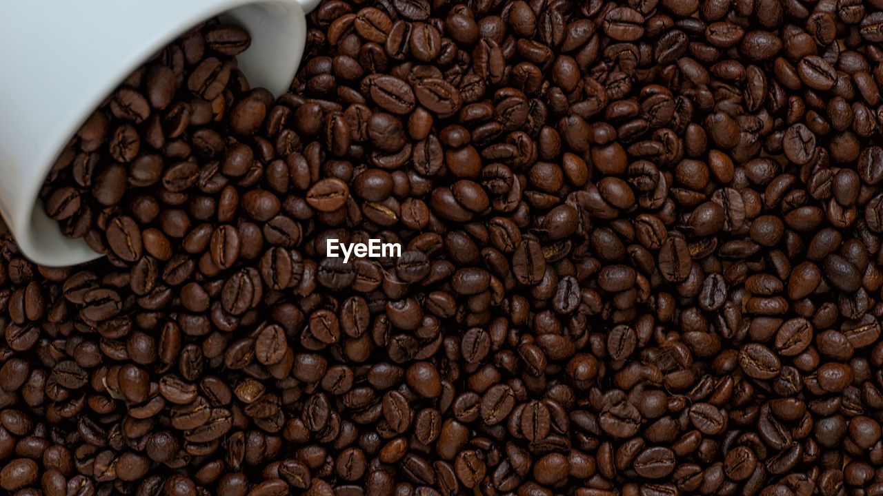 Flat lay texture of dark roasted arabica coffee beans background copy space
