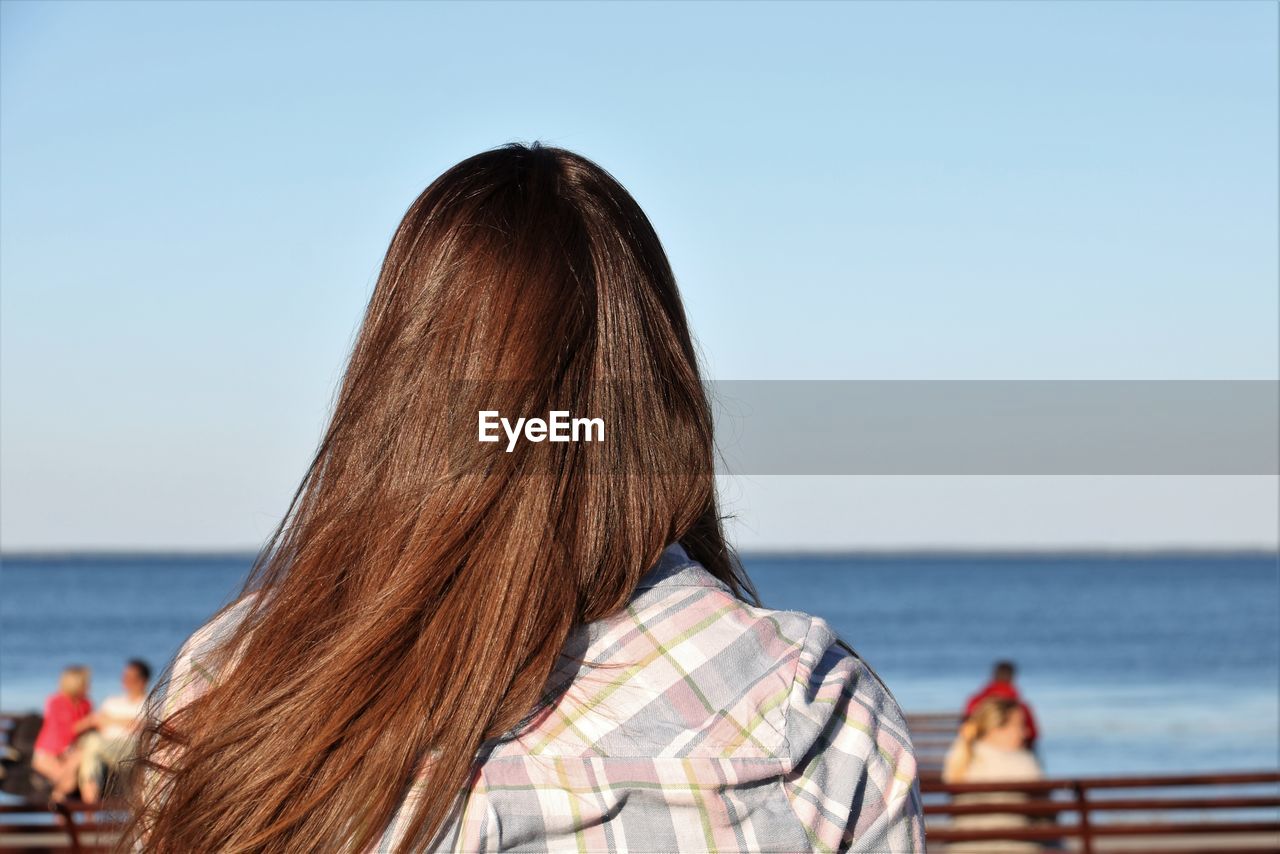 Rear view of woman with brown hair against sea