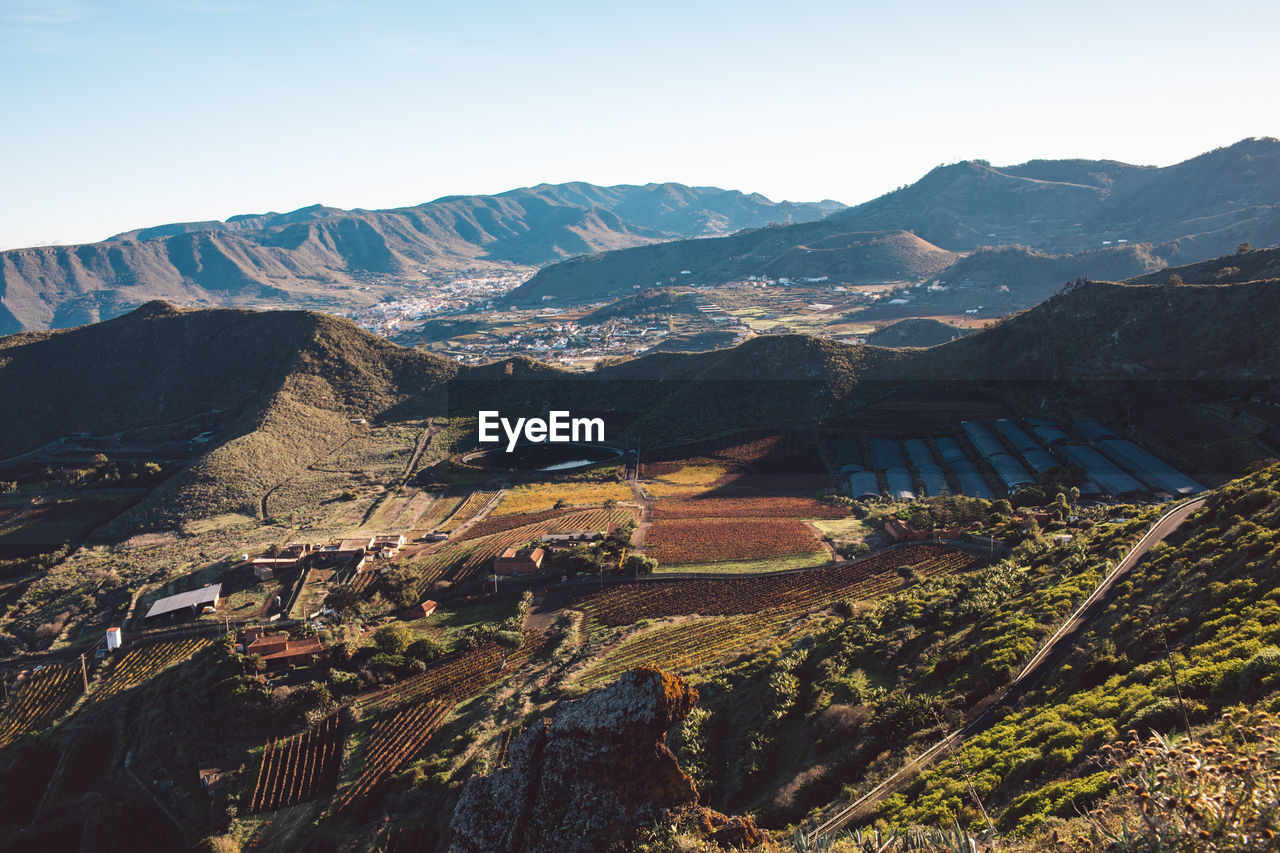Aerial view of mountain range against sky