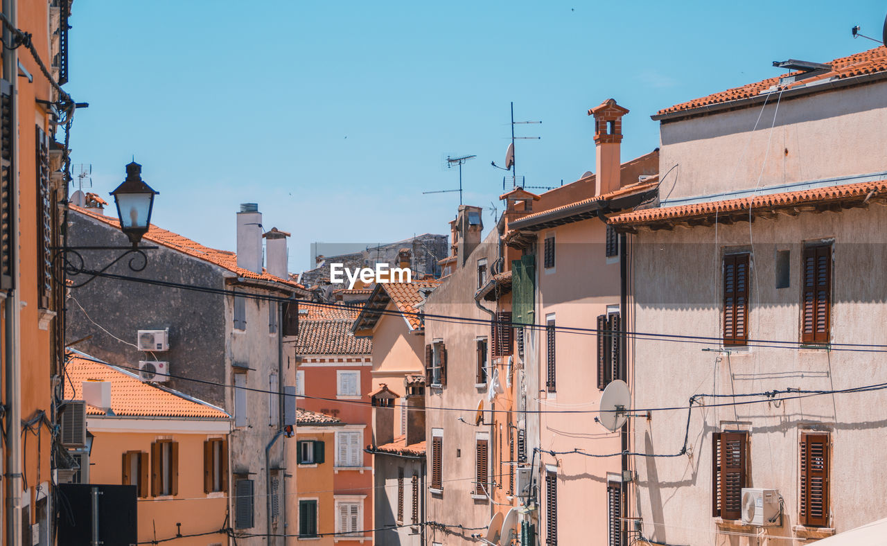 Buildings in city against clear sky