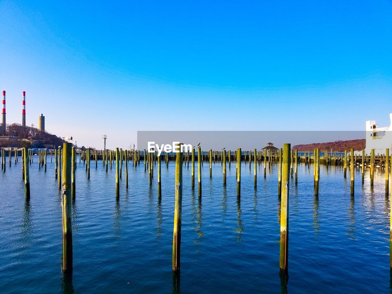 WOODEN POST IN SEA AGAINST CLEAR SKY