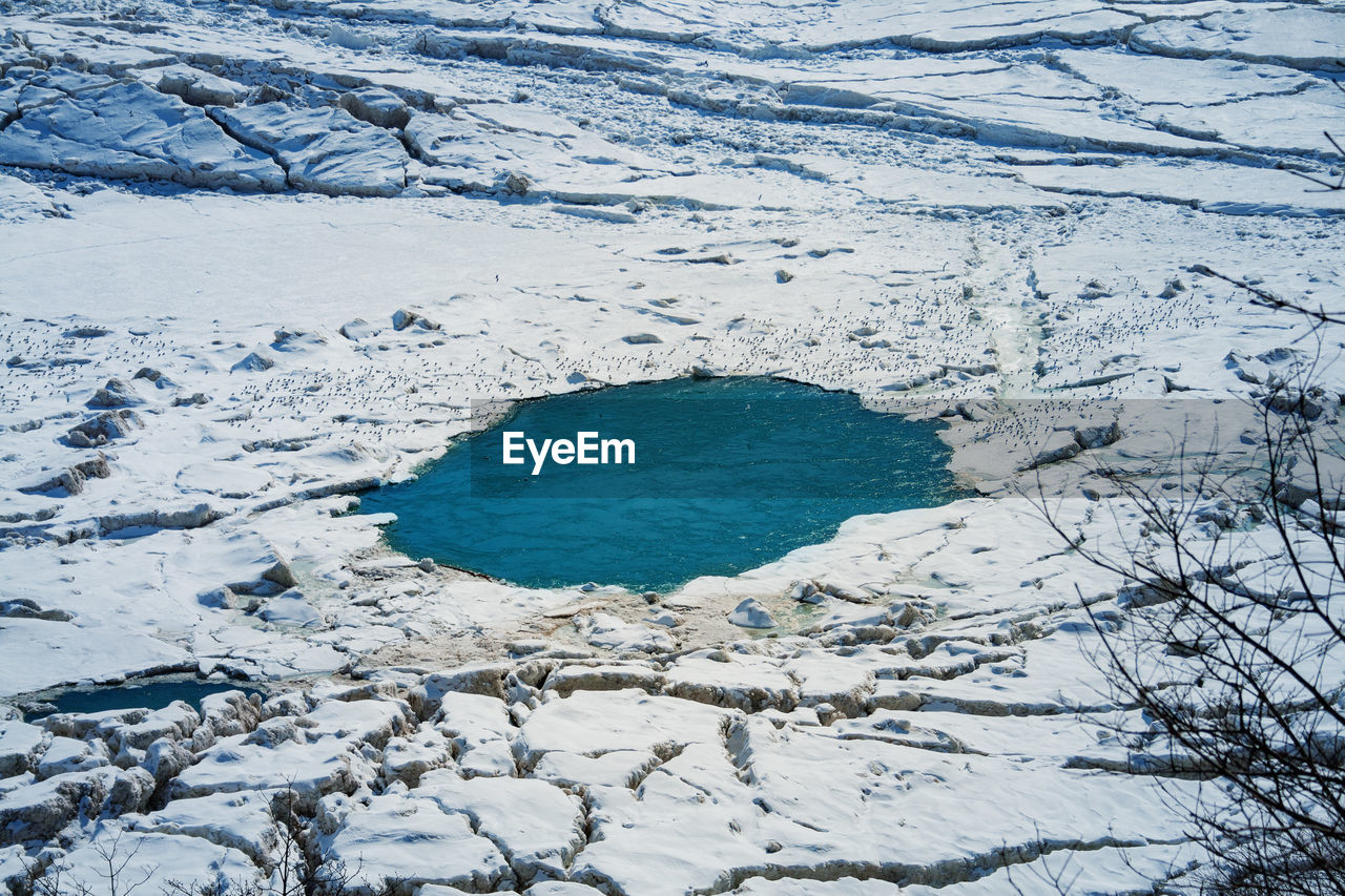 high angle view of snow covered landscape