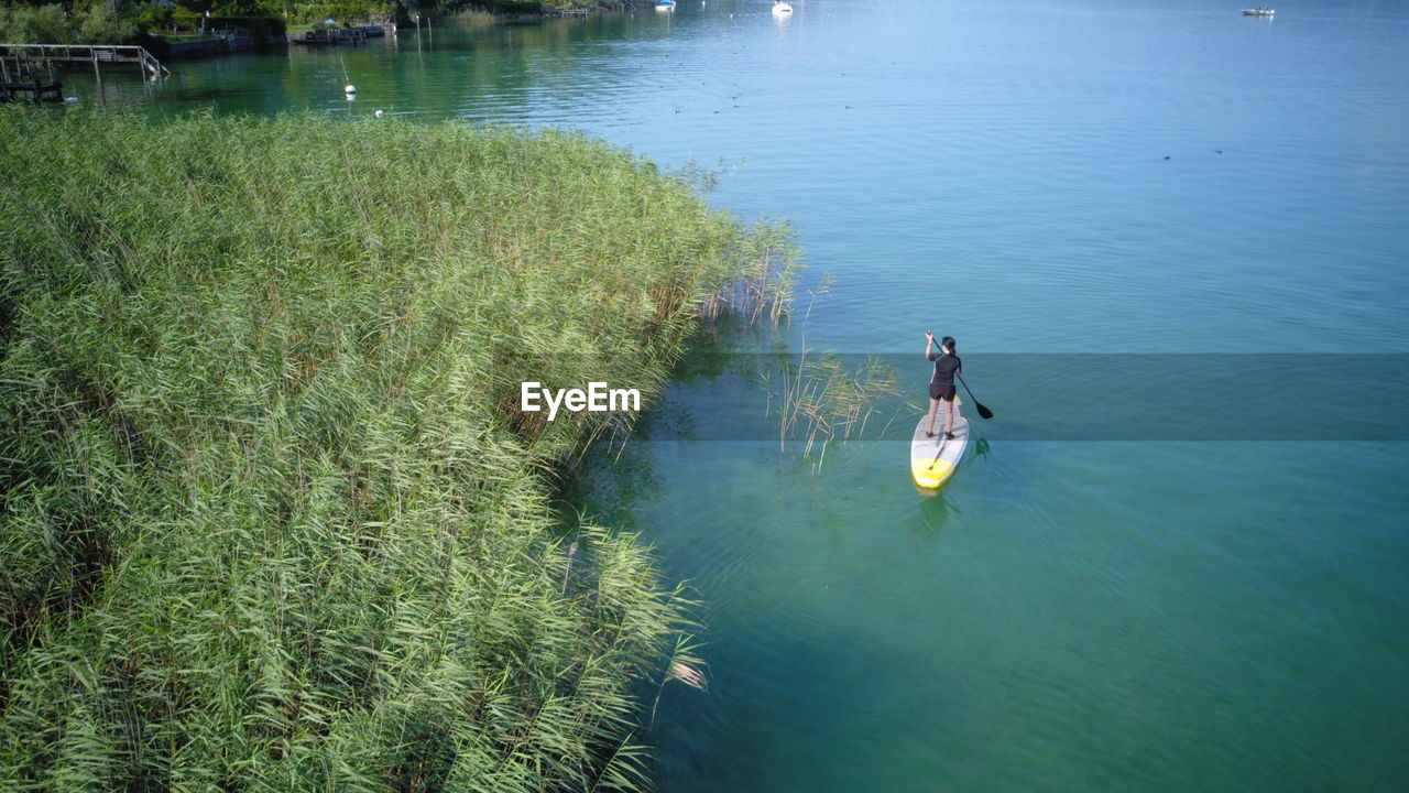 HIGH ANGLE VIEW OF DUCKS SWIMMING IN LAKE