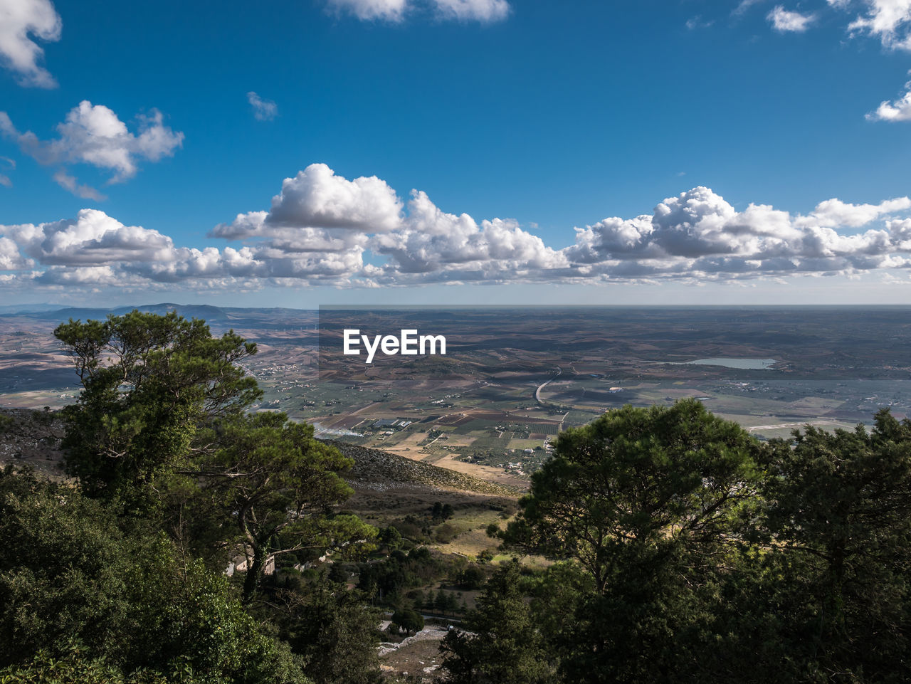 HIGH ANGLE VIEW OF TREES AND LANDSCAPE AGAINST SKY