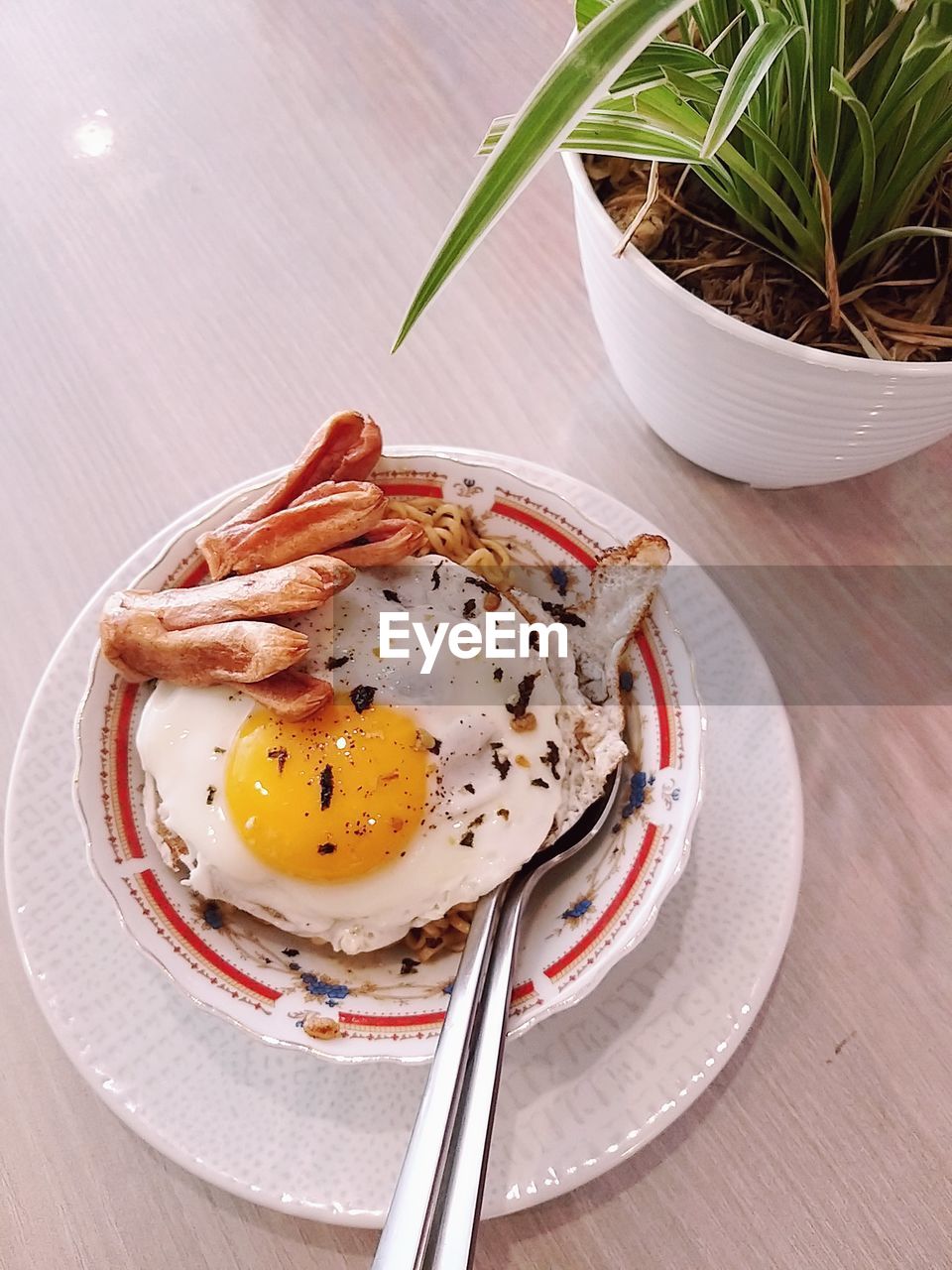 High angle view of breakfast served on table