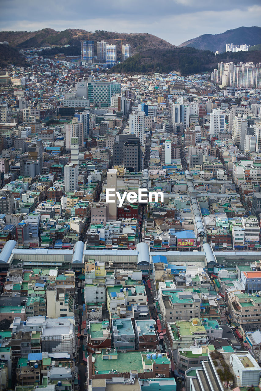 high angle view of cityscape against sky