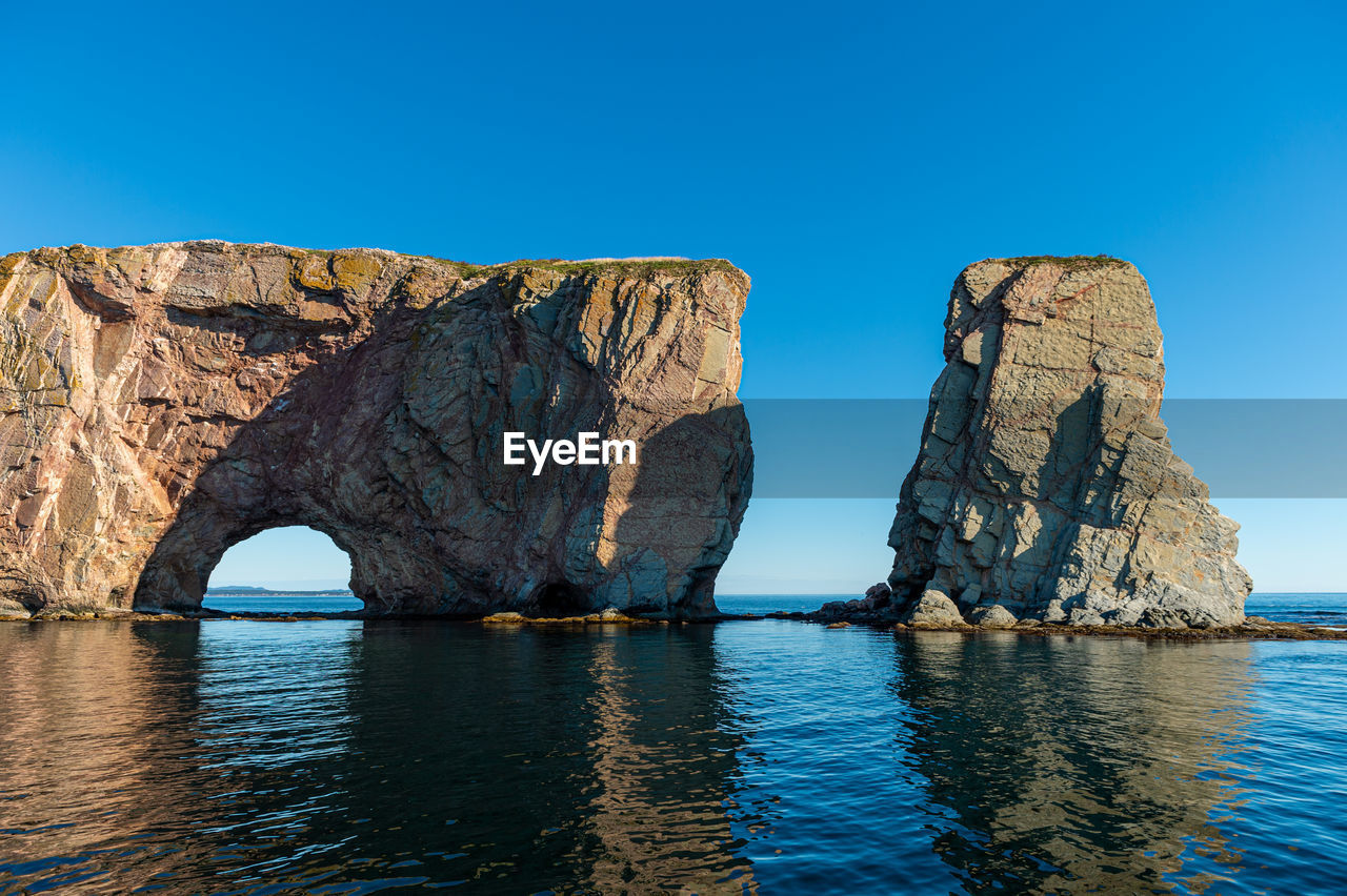 VIEW OF ROCK FORMATION IN SEA AGAINST CLEAR SKY