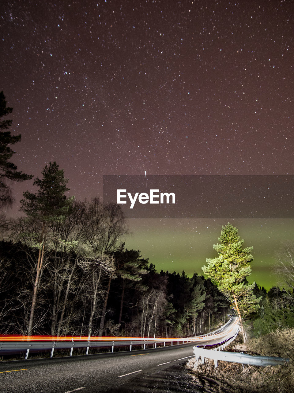 Light trails on road amidst trees against sky at night