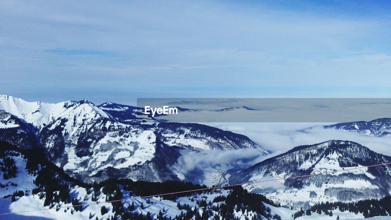 Scenic view of snowcapped mountains against sky