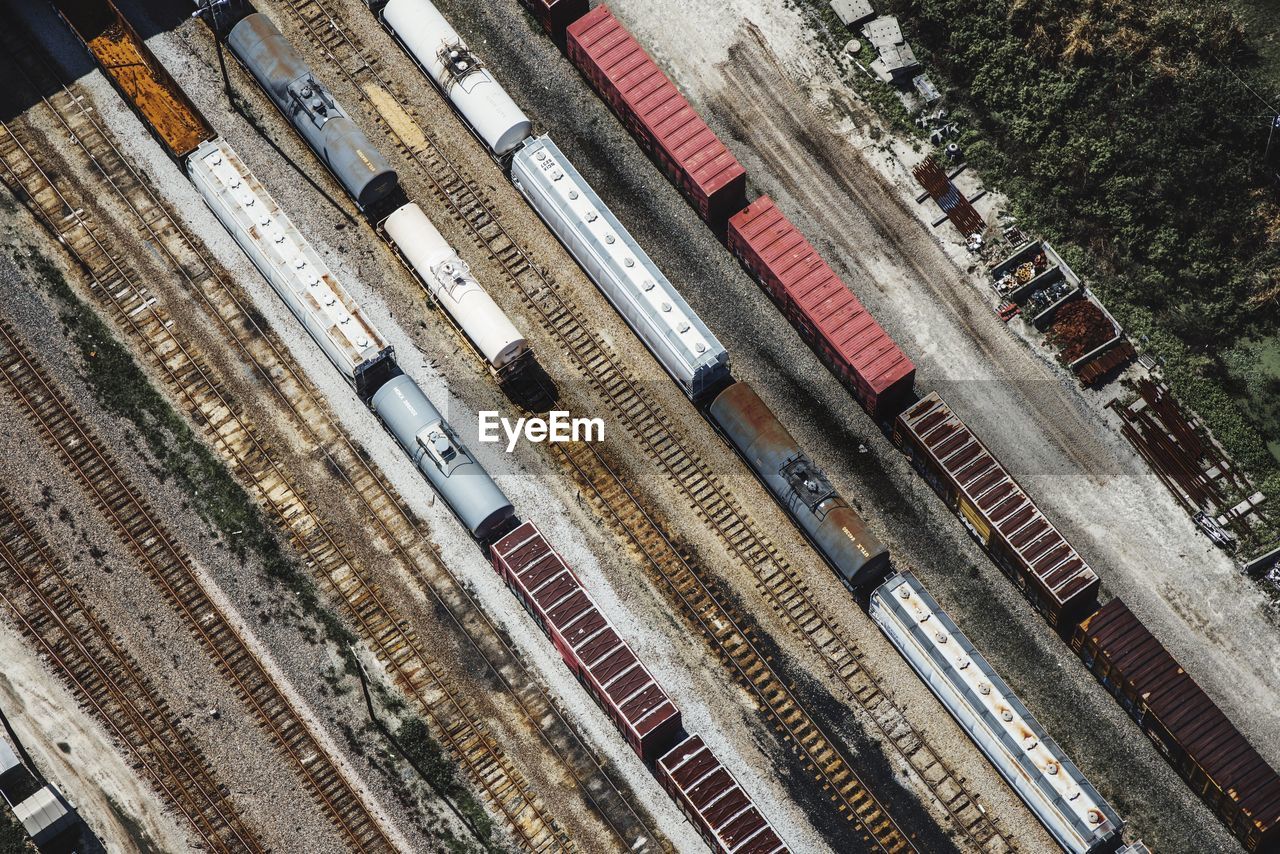 Aerial view of freight trains on tracks